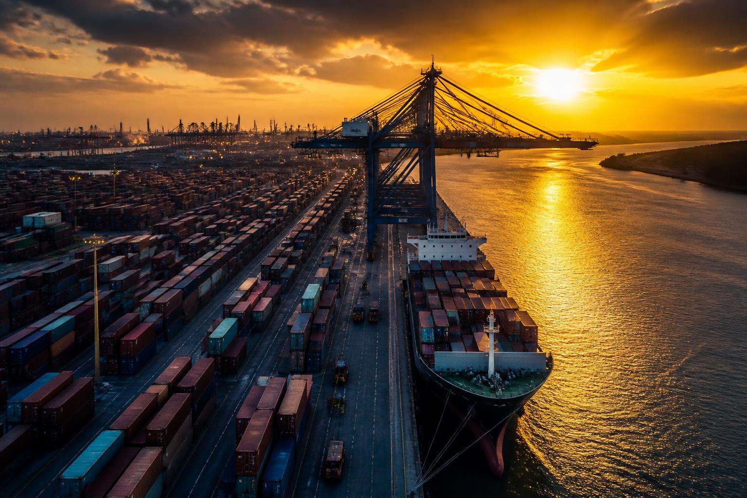 Shipping port with containers at golden hour